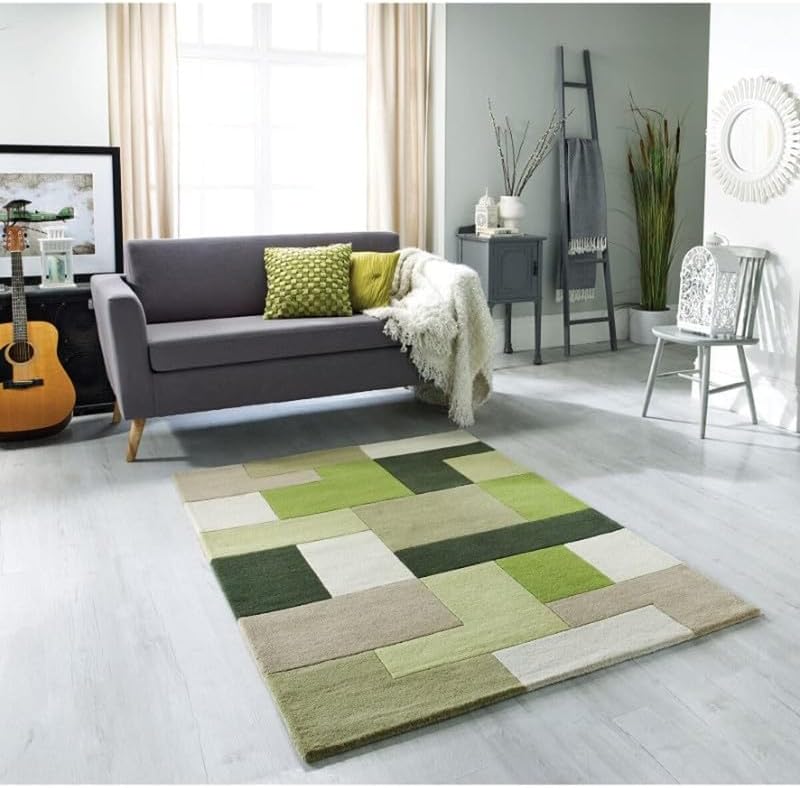 Hand-Tufted Premium Wool Modern Block Pattern Area Rug – Soft, Durable & Elegant Floor Carpet for Living Room, Bedroom, Dining Room Decor 9 x 12 Ft Green