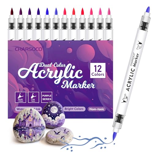 Image of Purple Tones Acrylic Paint Pens, 12 Colors Markers Set with Soft Brush & Bullet Tip, for Rock, Painting, Wood, Glass, Ceramic, Canvas, Stone, DIY Crafts, Making Art Supplies, Fabric Paint