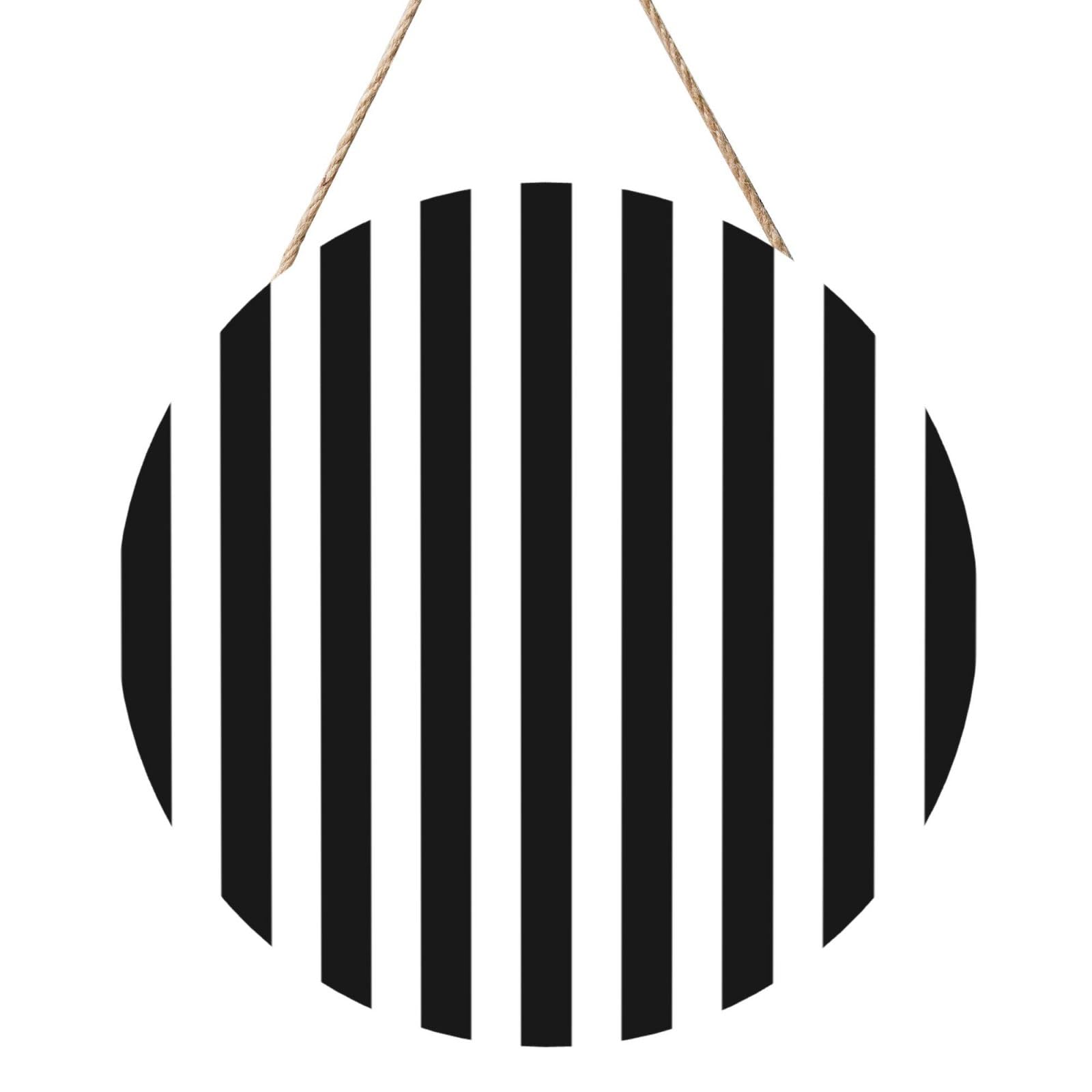 InOmak Black And White Striped, Round Wood Panel Painting 12 in, Wall Hanging Painting For Home