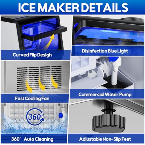 Image of Commercial Ice Maker Machine, 110Lbs /24H, 30Lbs Storage | 36Pcs Clear Ice Cubes in 10-15Mins, Stainless Steel, Under Counter Freestanding, 2 Water Inlet Modes, for Home Party Office