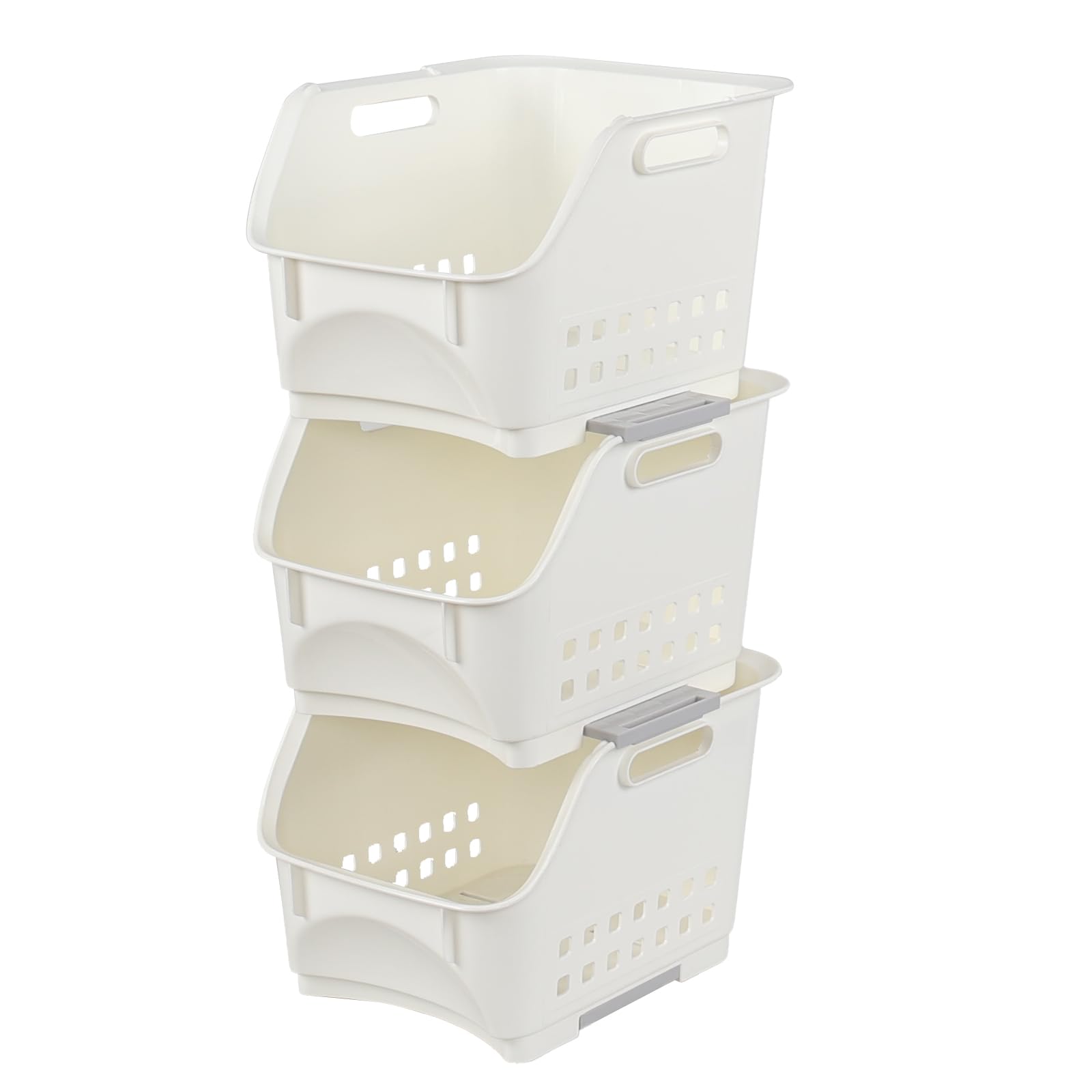 Tyminin Stackable Plastic Storage Basket for Kitchen or Bathroom, 3 Pack Stacking Veg Rack, White