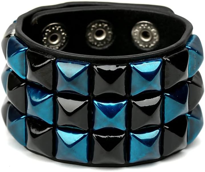 Punk Wide Leather Stud Bracelet - 3 Row Pyramid Wristband Cuff - Biker Bracelet with Studs