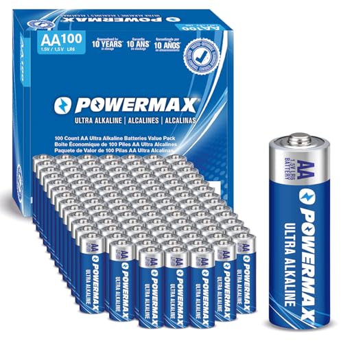 Powermax 100-Count Double AA Batteries Ultra Long Lasting Alkaline Battery for Home and Office 10-Year Shelf Life Reclosable Packaging