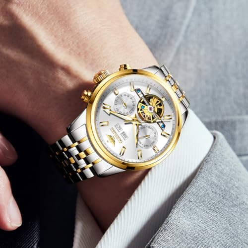 Image of OLEVS Men Self Winding Watch Skeleton Mechanical Classic Luxury Relojes para Hombres Automaticos Silver Calendar Stainless Steel Waterproof Wrist Watches for Man