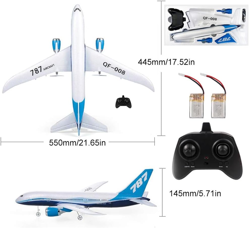 RC Plane 787/C919 Airlines Remote Control Airplane with LED Light 2.4G Fixed-Wing Glider Aircraft Dual Engine 360° Rolling Stunt RC Airbus Jet Model Fighter 2 Batteries for Beginner (Blue)