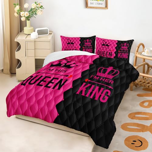 Image of AILONEN King and Queen Print Comforter Set Queen Size,3-Piece Romantic His Hers Bedding Set for Lovers Couple,Crown Mr Mrs Theme Men Women Pink and Black Comforter with 2 Pillowcases