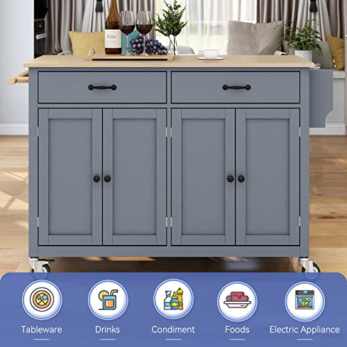 Letesa Rolling Mobile Kitchen Island 54.3'' With Solid Wood Top And 2 Locking Wheels, Adjustable Storage Shelves 4 Door Cabinet And Two Drawers Spice Rack, Towel Rack For Dining Room Coffee Bar (Blue) #TOP3
