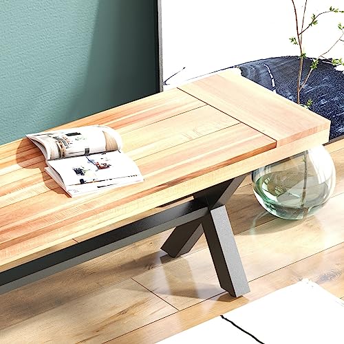 Stmhom Outdoor Wood Bench Wooden Feet, Backless Oil Finished Bench For Garden, Outdoor Acacia Wood And Rustic Metal Bench, Porch, Yard, Outdoor Dining Furniture, 62.99" D X 11.8" W X 18.1" H #TOP5