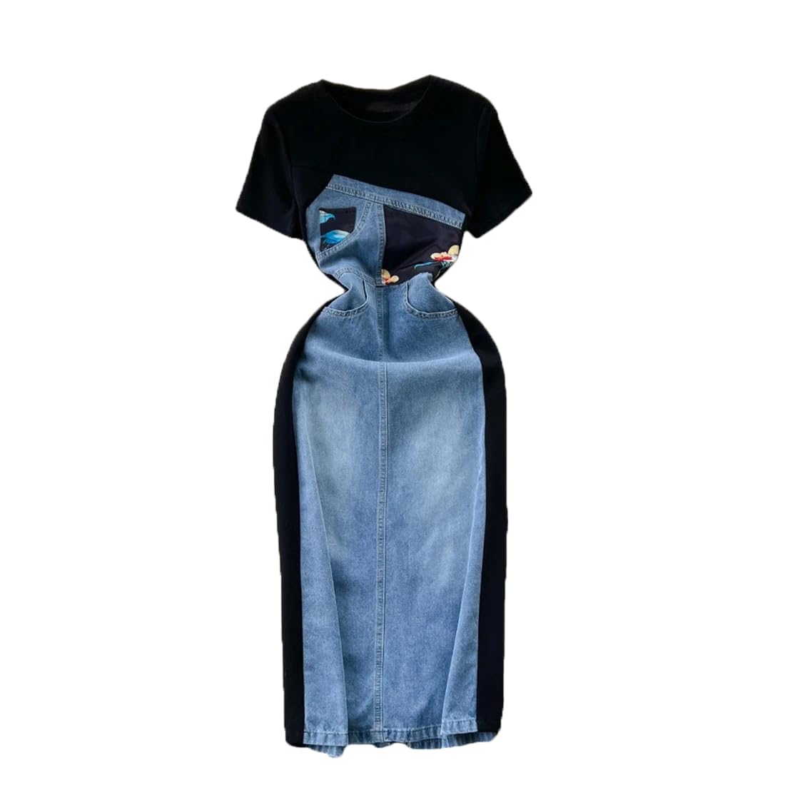 Robe patchwork denim col rond ideale pour le bureau et les sorties citadines