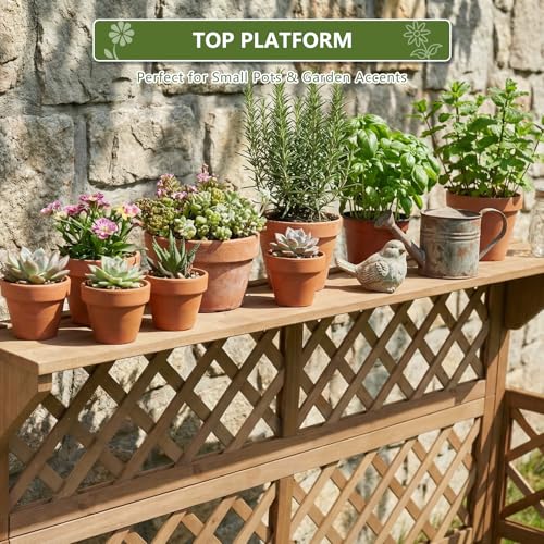 Image of Raised Garden Bed with Trellis, 2-Tier Elevated Planter Box, Wooden Outdoor Planter for Vegetables Herbs Flowers, Lattice Back for Climbing Plants, Modern Minimal Design for Patio Balcony Backyard