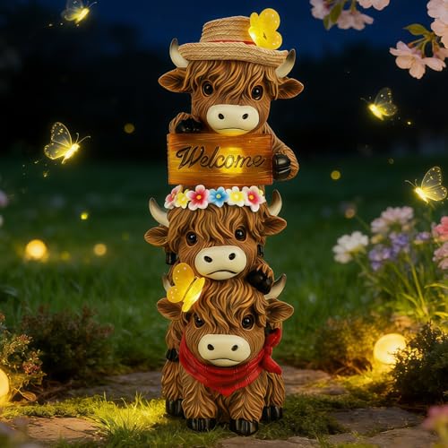 Glintoper Solar Garden Highland Cow Statue 12 Outdoor Spring Decoration Lighted Triple Stacked Resin Cow Whimsical Yard Art Birthday Mothers Day Ideal Gifts for Summer Porch Pathway Patio Lawn