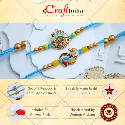 Image of eCraftIndia Peacock Lord Ganesha Rakhi Set of 2 | Rakhi for Brother Bhaiya Bhai with Best Bro Ever Fridge Magnet | Roli Chawal Pack