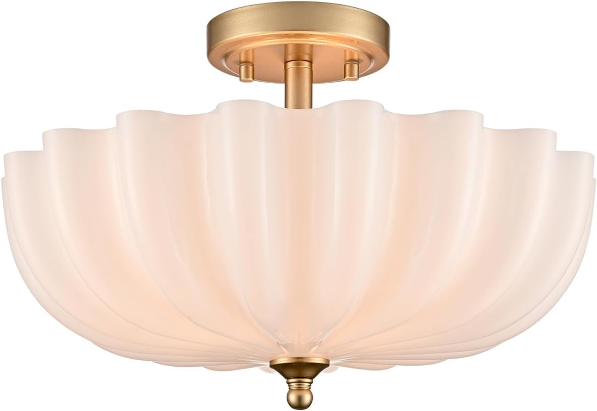 Modern Brushed Brass Gold Semi Flush Mount Light with Milky Flower Shade Ceiling Light Fixture for Living Room Bedroom Entryway semi-flush mount