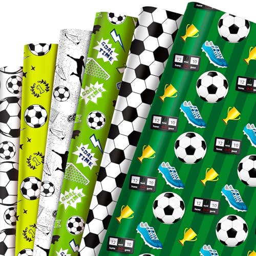 MORAINJAY 12 Feuilles Papier Cadeau Foot, Foot Emballage Anniversaire, Papier Décoratif Sport, Décoration Fête Football Garçon 68cm x 50cm