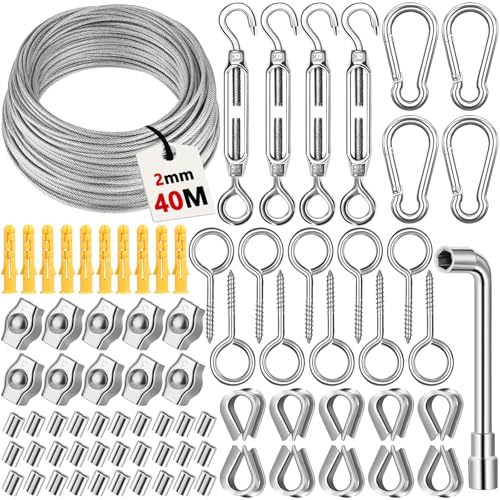KDISHKRA Kit Câble Acier Inox 40M 2mm avec Tendeur Fil à Linge et Serre-Câble, pour Plantes...