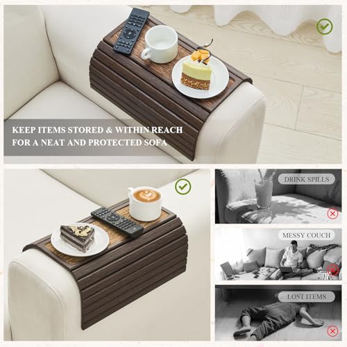 Mesa para reposabrazos de sofá con posavasos integrado y bandeja flexible plegable 4