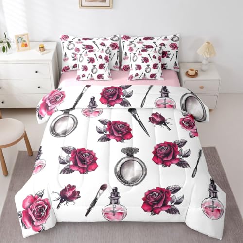Image of 7 Pcs Pink Rose Queen Size Bedding Sets Girly Lady Makeup Perfume Comforter Set Vintage Sketch Roses Romantic Style Bed in a Bag with Comforter,Flat Sheet,Fitted Sheet,2 Pillowcases,2 Pillow Covers