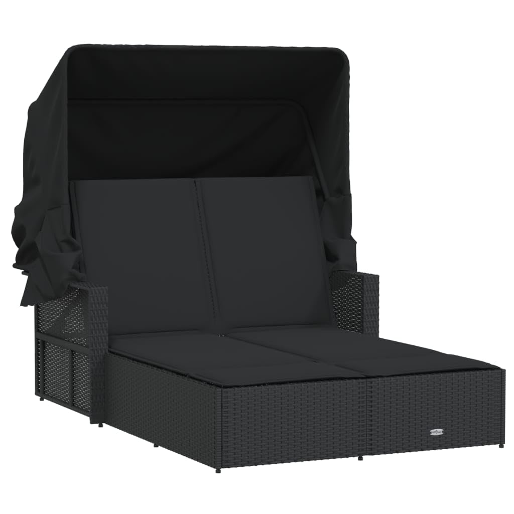 Divano letto doppio per esterni, con baldacchino e cuscini, mobili da giardino regolabili, in rattan sintetico, nero, elegante e confortevole, lettino prendisole per il relax