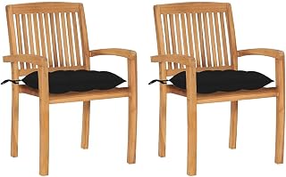 Sillas de Jardín Exterior, 2 Unidades con Cojines, Teca Maciza Natural, Diseño Vintage Apilable, Resistentes a la Intemperie, Sillones de Jardín para Terraza y Patio, Color Negro, 60x57.5x90 cm