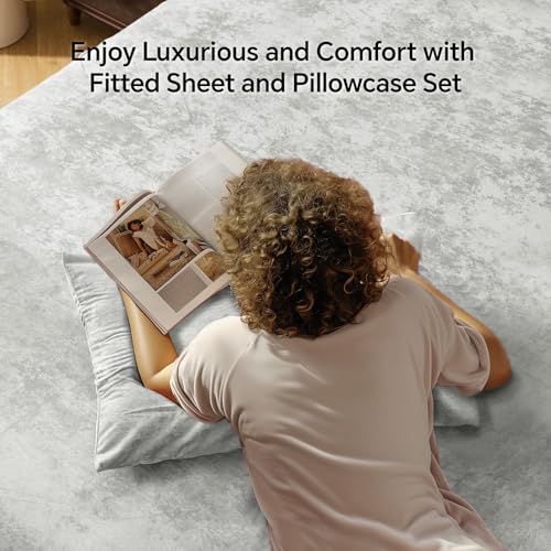 BEDELITE Velvet Fitted Sheet and Pillowcase Set, Luxury Soft Fuzzy Bottom Sheet with Reinforced Elastic Corner Straps, Deep Pocket up to 15 Inch, 1 Fitted Sheet and 1 Pillowcase (Twin XL, Light Grey)