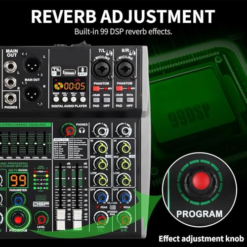Image of DaBeatz 8 Channel Audio Mixer with Bluetooth USB & DSP Effects | 99 DSP, 7-Band EQ, PAD /HPF, 48V Phantom Power | Professional DJ Sound Mixer for Studio, Karaoke, Live & Recording Setup