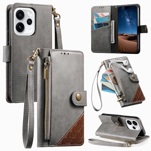 �Ή��@�� for Realme C61 4G / C63 / C65s �Ή��@�� for Realme Note 60 / Note 60x �t���b�v���̃X�^���h�t���A�X�g���b�v�ƃ}�O�l�b�g���ߋ�t���̃W�b�p�[�E�H���b�g�P�[�X Gray