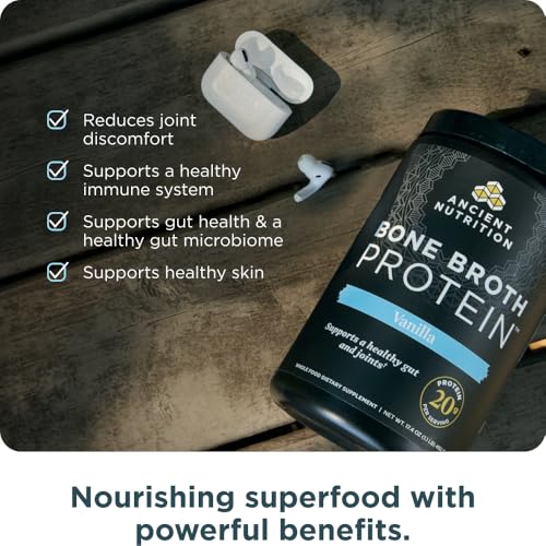ancient nutrition grass fed cage free bone broth protein powder 20g protein hydrolyzed collagen peptides keto amp paleo friendly supports joint gut health vanilla 20 servings
