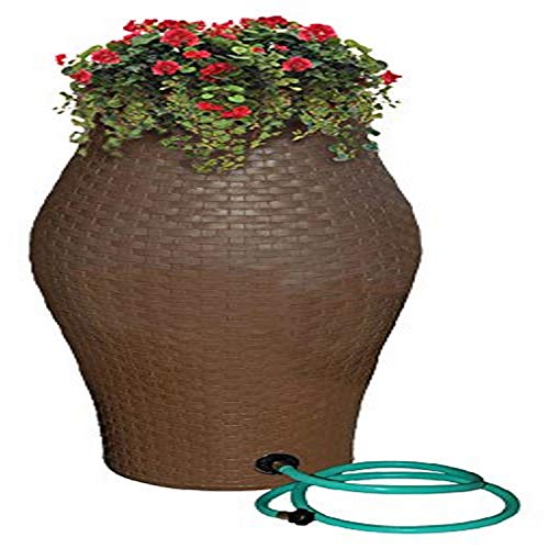 Emsco Group 2258-1 Rescue 60-Gallon Basketweave Urn Includes Planter, Water Diverter, Outlet Hose Brown Wicker Rain Barrel