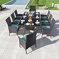 Kullavik 10-Piece Outdoor Dining Set Patio Rattan Furniture Set,Patio Dining Table and Chairs Set with 8 Chairs and Cushions,Square Glass Tabletop with Umbrella Hole for Patio,Backyard,Garden,Blue