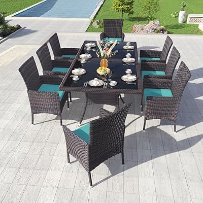 Kullavik 10-Piece Outdoor Dining Set Patio Rattan Furniture Set,Patio Dining Table and Chairs Set with 8 Chairs and Cushions,Square Glass Tabletop with Umbrella Hole for Patio,Backyard,Garden,Blue