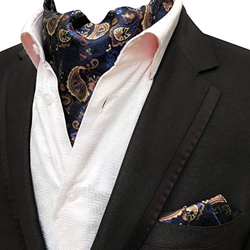 MOHSLEE Men Navy Blue Gold Paisley Silk Cravat Tie Woven Ascot Pocket Square Set