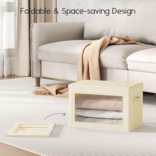 Collapsible Storage Bins with Lids - Stackable Storage Containers with Window, 6 Pack Fabric Organizing Bins for Closet, Home & Office Organization Baskets, Beige, 14.9 x 9.8 x 9.8