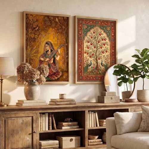 Image of kotart Madhubani Art Wall Painting Traditional Home Decoration With Frame For Living Room Bed Room Hotel Wall Decor Digital Reprint Set of 2 (10X13 INCH)