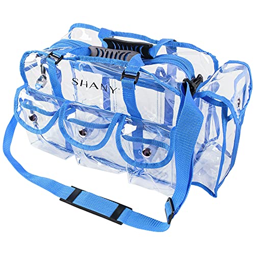 Shany Clear Pvc Makeup Bag - Large Professional Makeup Artist Rectangular Tote With Shoulder Strap And 5 External Pockets - Blue #TOP4