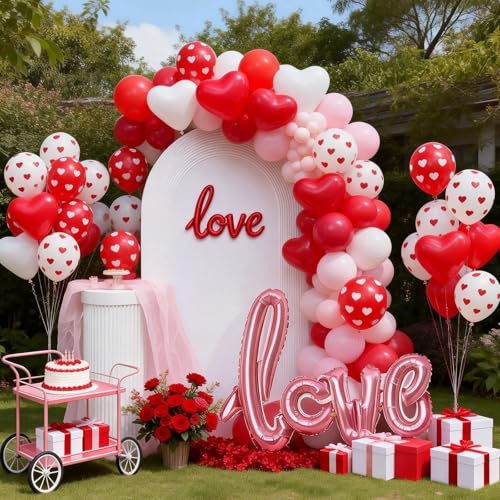 Image of Valentine Balloons, 50 Pcs Red White for Valentine's Day Wedding Party | 12 Inch Red White Heart Print Latex Balloons for Galentines Day Anniversary Proposal Engagement Birthday Party Decorations