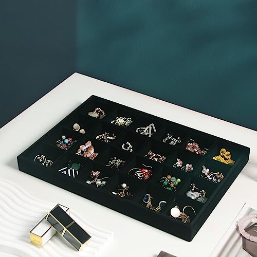 Image of Coward 2PC Black Velvet Stackable 24 Gird Jewelry Organizer Tray Necklace Earring Box Storage Drawer Ring Earring Display Holder (24grid+24grid)