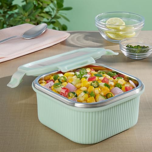 Image of Larah by BOROSIL Freshbyte Food Storage Container with Airtight Stainless Steel Lid | Fridge Container for Lunchbox | Food Grade | Microwave Safe (Green, 400 ml, Square)
