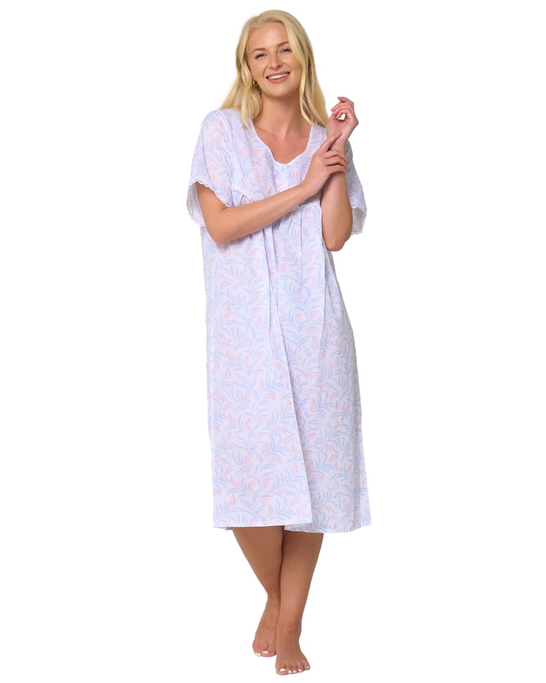 Suzy & Me Ladies Leaf Print Strappy Nightdress, Short Sleeves (SHORT SLEEVE NIGHTDRESS, 28-30)