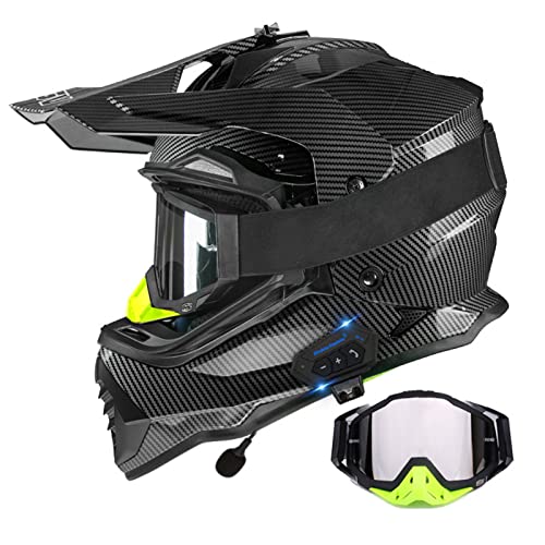 Casco de moto todoterreno ligero, casco integral Motocross Bluetooth con visera/gafas Casco Enduro Quad BMX Downhill MTB ATV Casco Moto Dual Sport Homologado DOT para hombre y mujer Bright Black 2,L