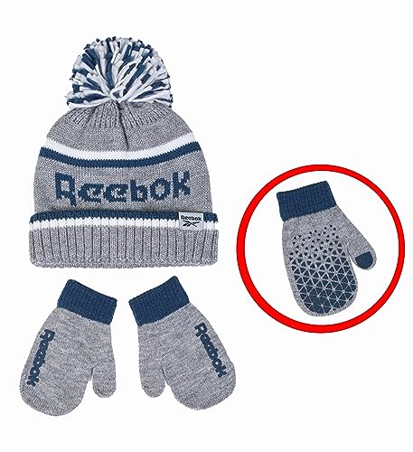 Reebok 2-Piece Baby/Toddler Winter Hat and Gripped Mittens Knitted Pom Beanie & Anti-Slip Gloves Cold Weather Accessories4