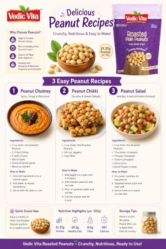 Image of VEDIC VITA Roasted Peanuts - 500 GM | Unsalted Skinless Peanuts | 31.37g High Protein | Ready to Cook & Eat | Natural, Crunchy, Nutritious Whole Peanuts for Poha, Chutney & Snacks (2, Pack of 2)