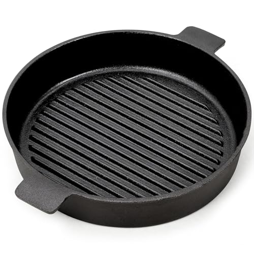 Warmiehomy Cast Iron Griddle Pan,27cm Pre-Seasoned Non-Stick Grill Pan,Round BBQ Cast Iron Skillet with 2 Handles for Gas Induction Electric Hobs and Oven Safe,Ridge Surface