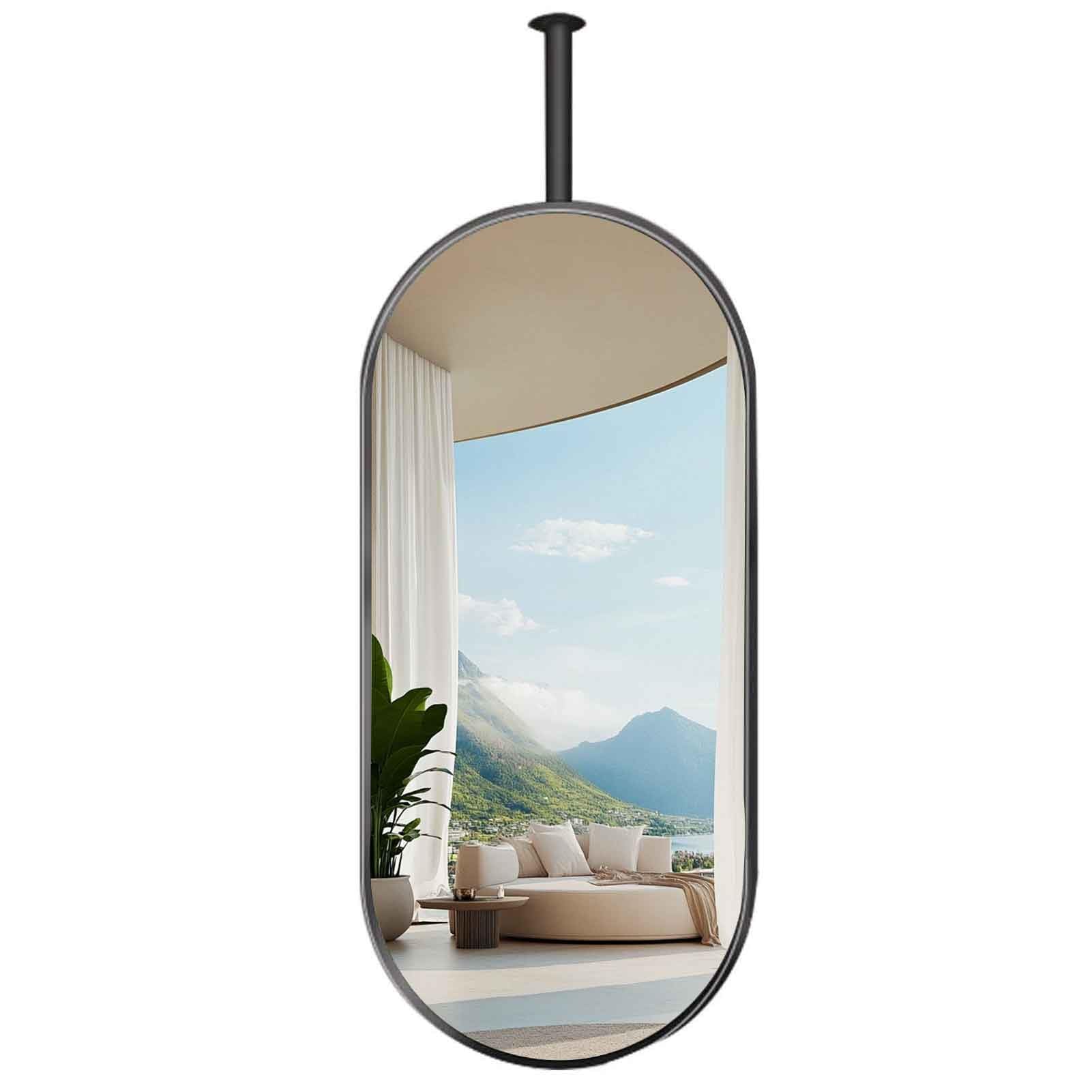 FGXHHS Mirror for Ceiling Mounted, Black Metal Framed Oval Mirrors, Suspended Corridor Bathroom Shaving Makeup Decor Floating Mirrors(40cmx70cm)