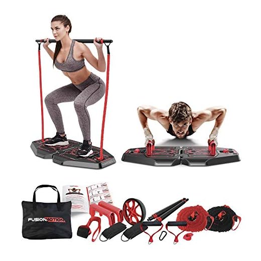 Fusion Motion Portable Gym with 8 Accessories Including Heavy Resistance Bands, Tricep Bar, Ab Roller Wheel, Pulleys and More - Full Body Workout Home Exercise Equipment to Build Muscle and Burn Fat