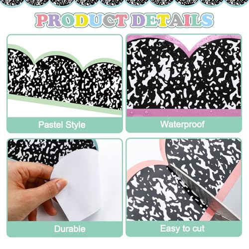 Image of Fuutreo 6 Roll 197 ft Composition Bulletin Board Borders Black and White Scalloped Rolled Border Trim Pastel Wave Line Borders Decoration for Back to School Classroom Chalkboard Office Wall