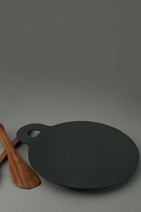 80's Cookware Natural Non Stick Pre Seasoned Pure Iron Large Tawa with Free Wooden Flip for Grispy Dosa/Roti/Bhakri/Rava Dosa/Chappati, Toxin-Free, No Chemical Coating (Paper Roast) (11 Inch)