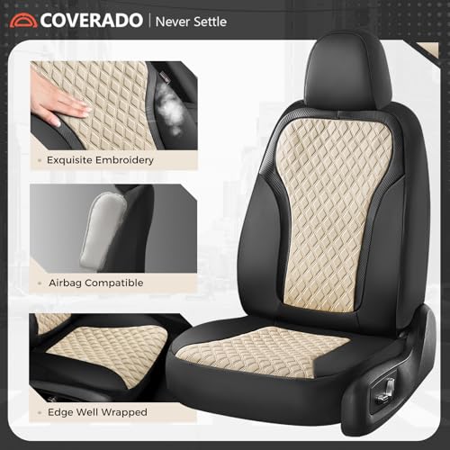 Image of Coverado Front Seat Covers, 2-Pack Luxury Diamond Leather Car Seat Cover with Carbon Fibre Weave Design, Waterproof Car Seat Protectors, Black&Beige Driver Seat Covers Universal Fit for Cars Trucks