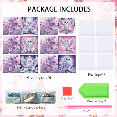 Image of 6 Pack Diamond Art Greeting Card Kits with Envelopes, Special Shaped Diamond Painting Cards, DIY Rhinestone Diamond Art Cards for Birthday Christmas Mother Day (Owl Mother and Owlet, 30x15cm)