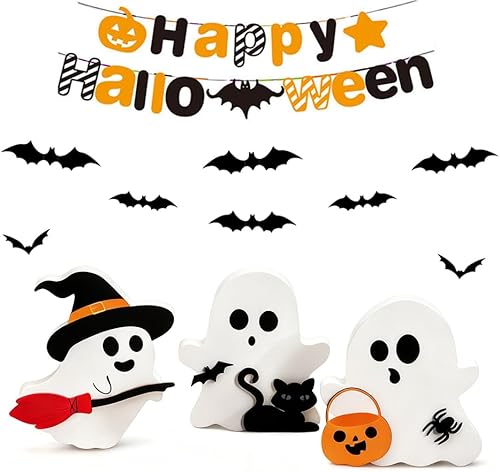 40 decoraciones de Halloween para interiores, con 3 piezas de decoración de fantasmas de Halloween, 36 piezas de decoración de pared de murciélagos