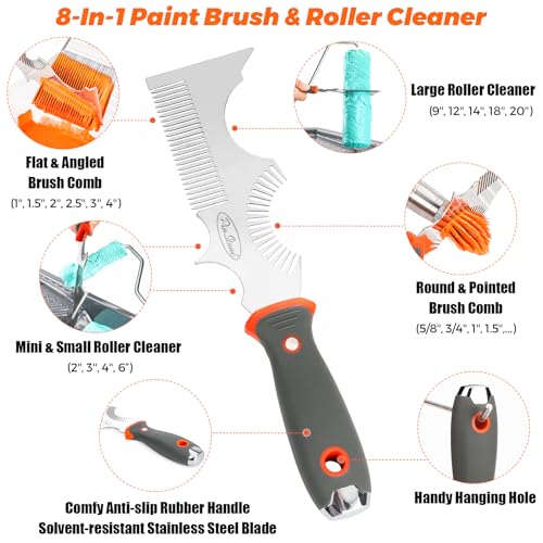 PinStone Paint Brush and Roller Cleaner Tool - Paint Brush Comb, Paint Roller Cleaner, Solvent-Resistant Stainless Steel Blade, Easy Grip Rubber Handle, Putty Knife Scraper, 8-in-1 Painters Tool - Thumbnail 2